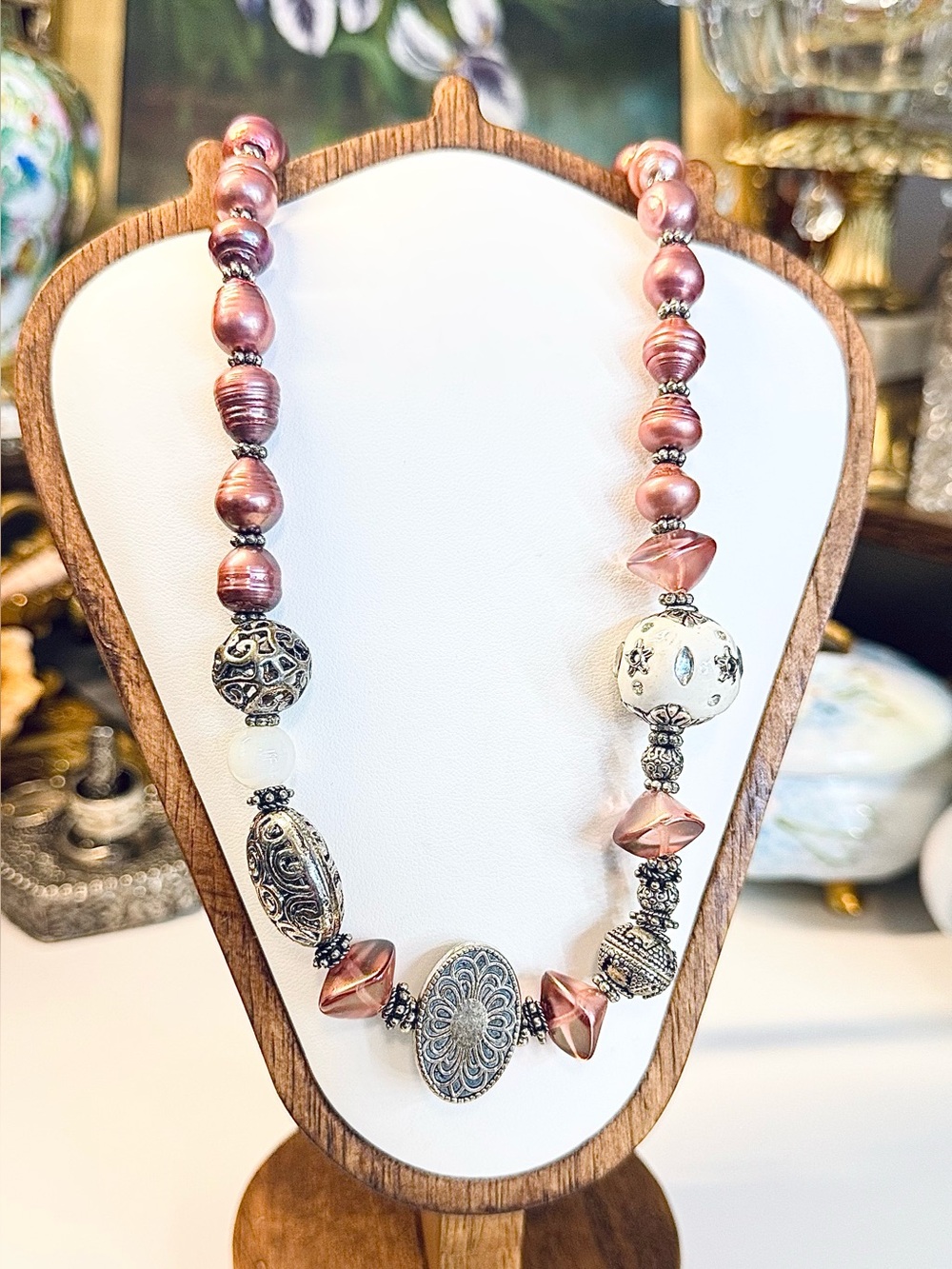 Artisan Handmade Bohemian Baroque Pearl & Silver Medallion Statement Necklace
